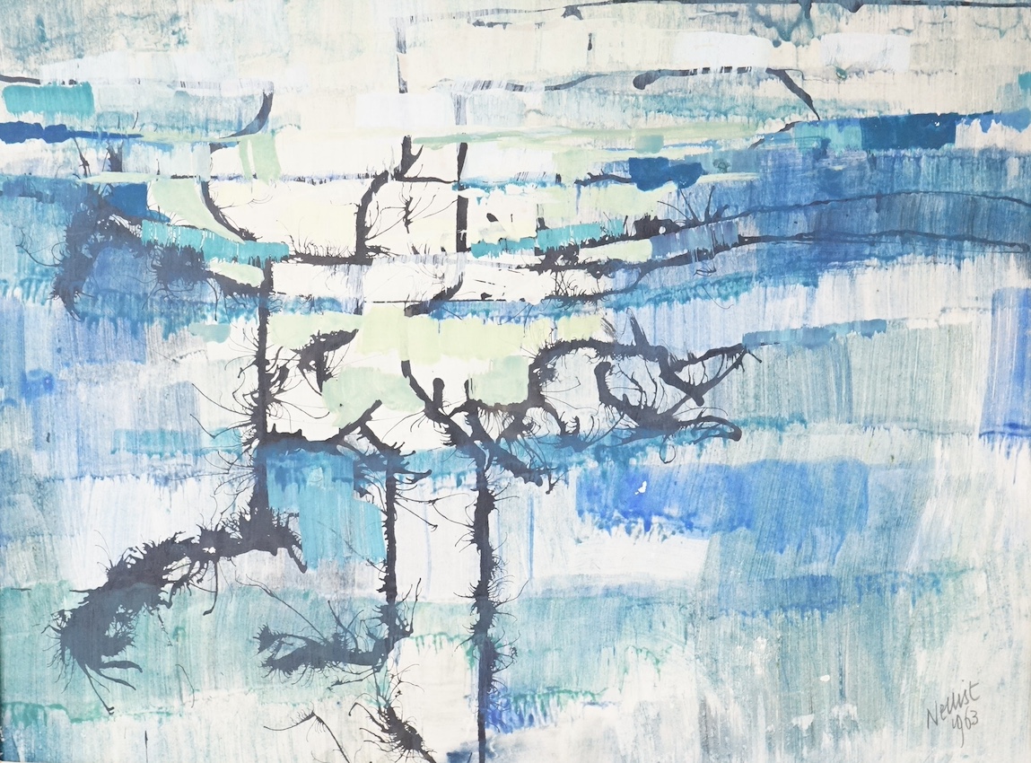 Nellist, mid century mixed media on paper, Abstract composition, signed and dated 1963, mounted, 35 x 48cm, unframed. Condition - fair
